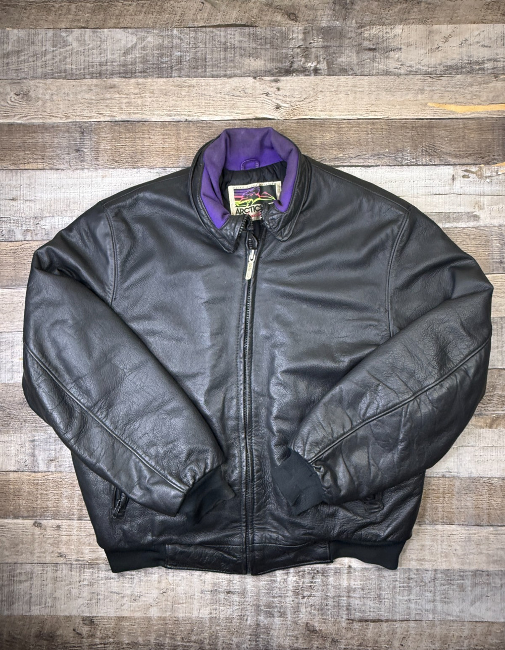 90s Arctic Cat Arcticwear Leather Snowmobile Bomber Jacket Mens XL Quilted Black